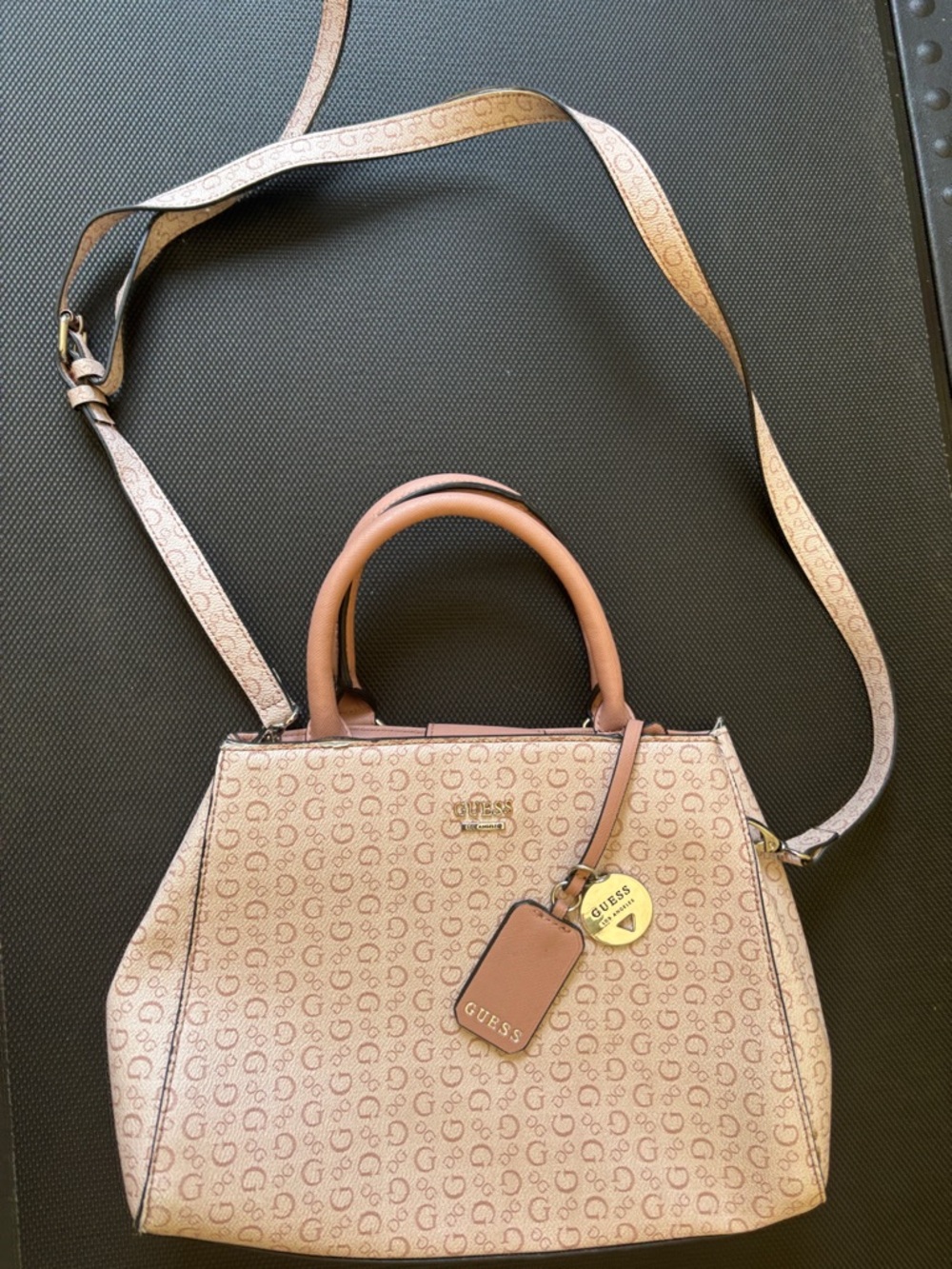 GUESS Pink Monogram Crossbody Satchel with Tan Handles